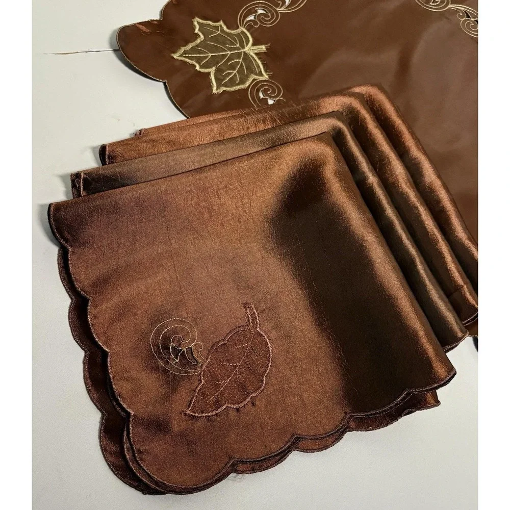 Vtg Bronze Cutwork Fall Leaf Placemats & Napkins w Scalloped Edges Silky Elegant